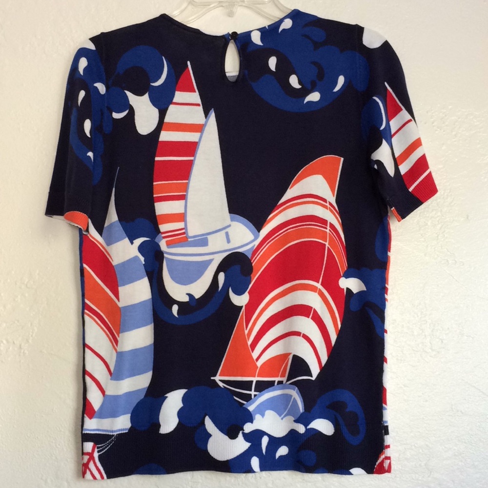 Talbots bright graphic cartoon like sailboat print sweater